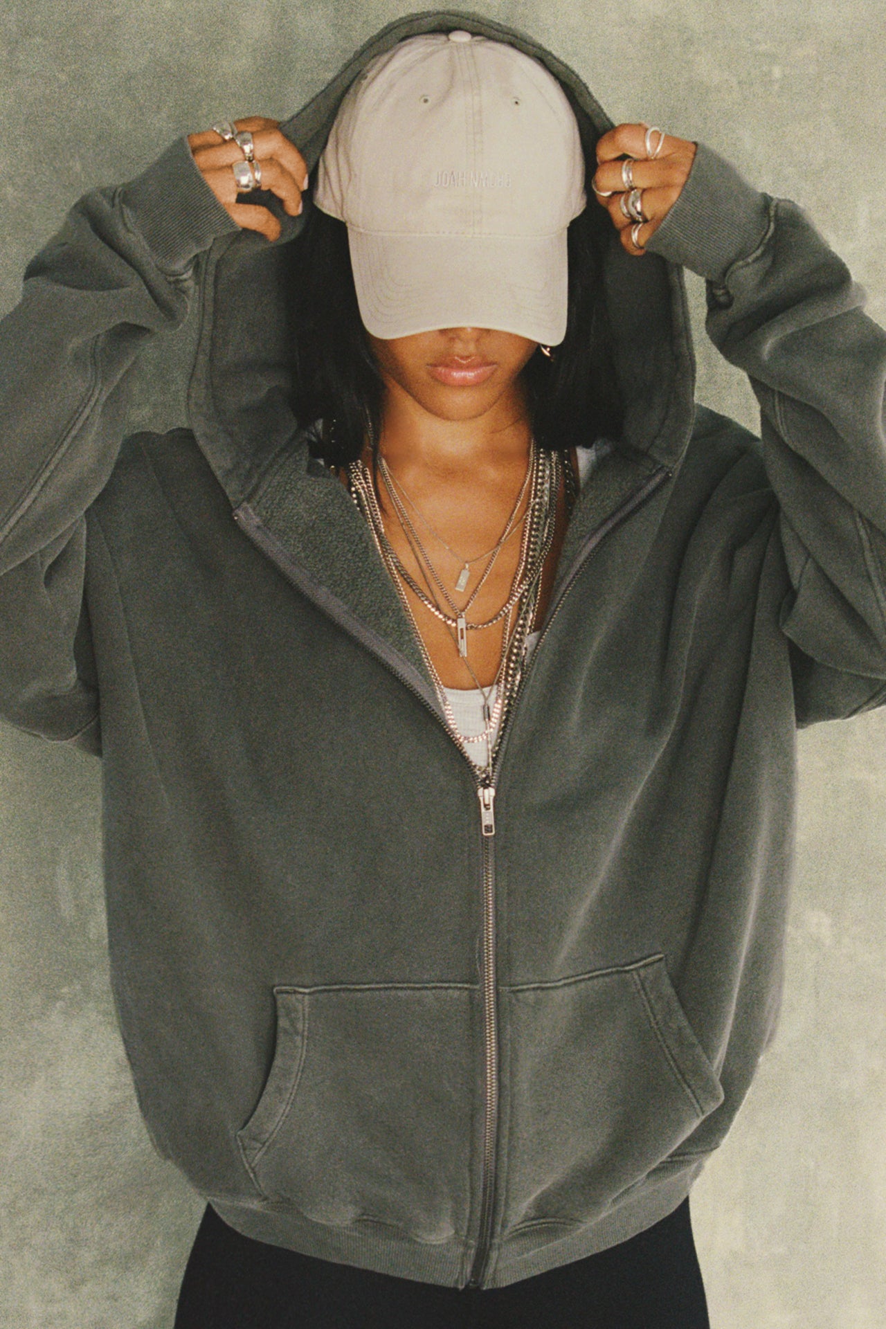 Oversized Zip Hoodie Washed Sage French Terry JOAH BROWN