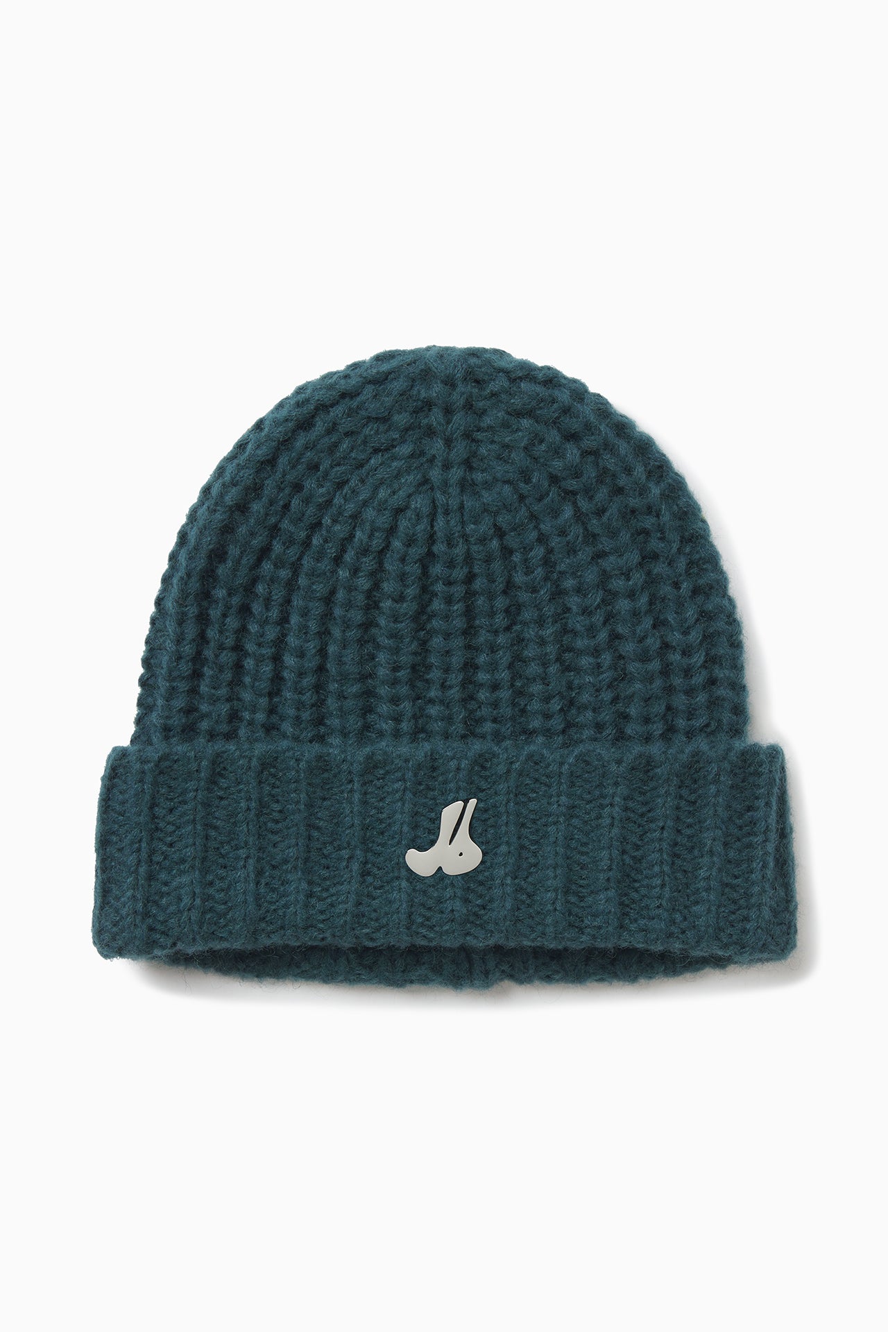 Front flat lay view of the soft and warm spruce Knit Beanie that has removable custom JOAH BROWN pin.