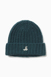 Front flat lay view of the soft and warm spruce Knit Beanie that has removable custom JOAH BROWN pin.