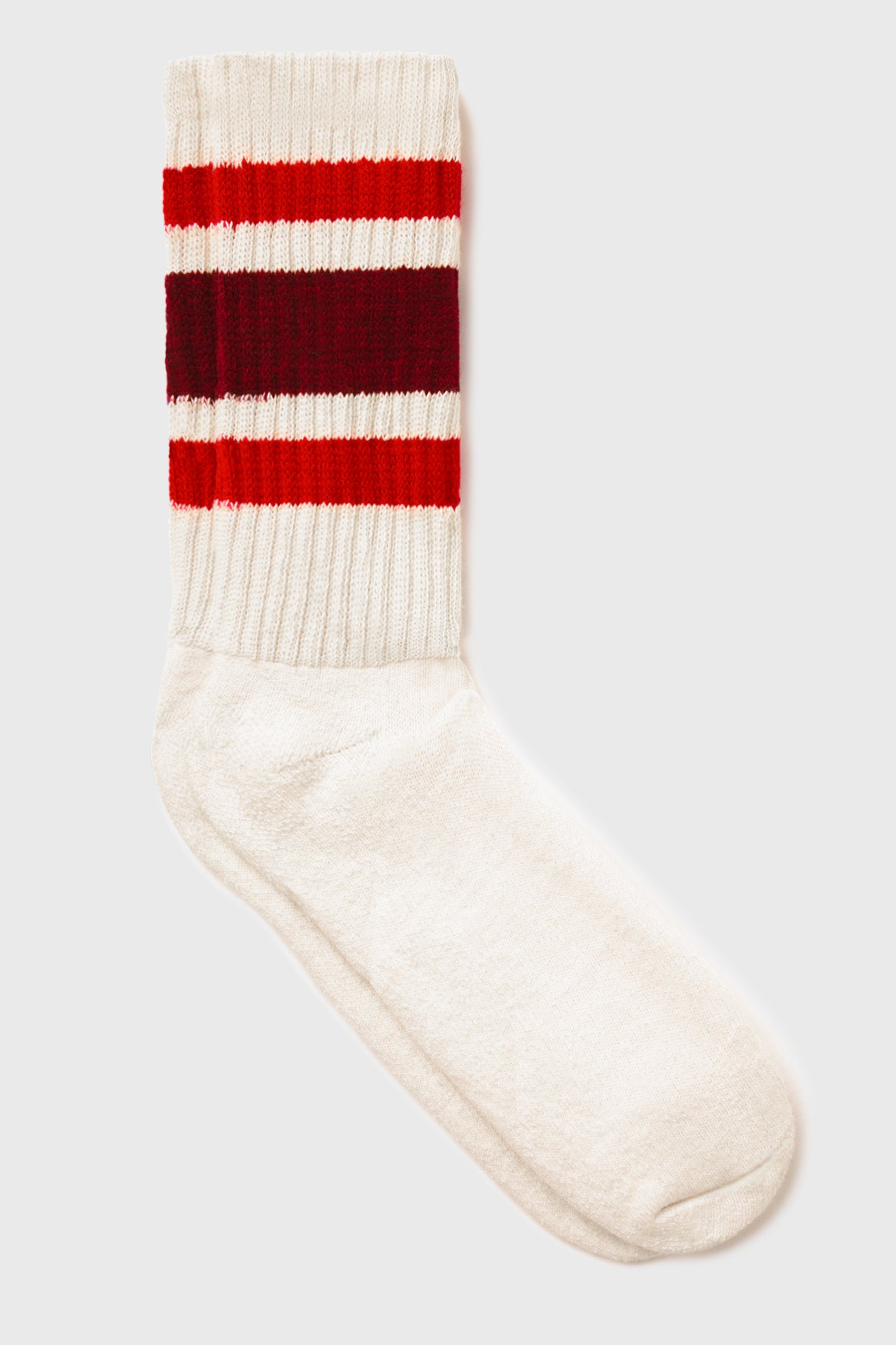 Flat lay front view of the crew style ribbed red burgundy Classic Stripe Sock