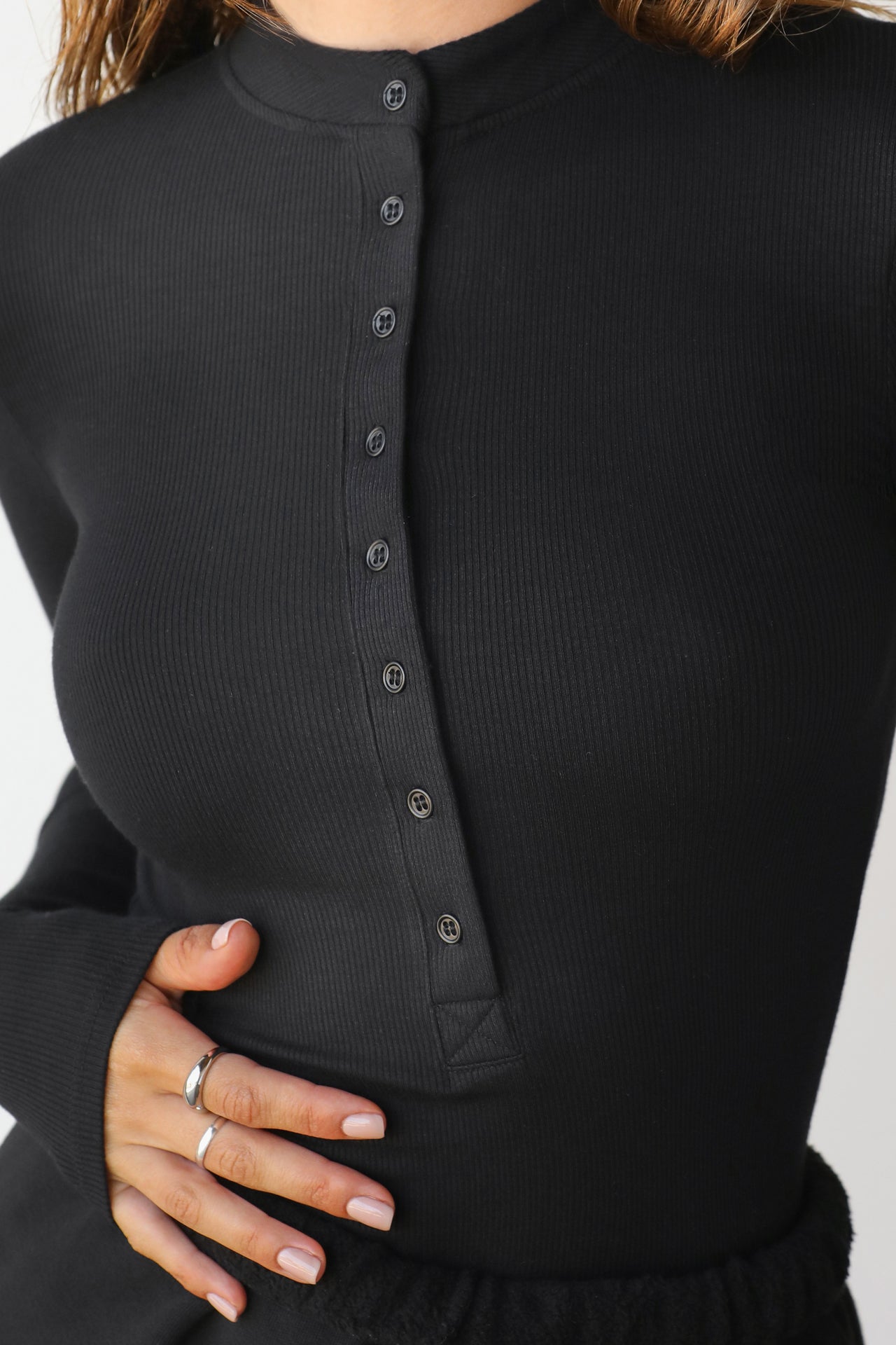 Black Long Sleeve Rib Button Top