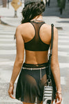 Back view of model walking in the the black mesh scoop neck racerback bra