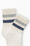 Flat lay front view of the crew style ribbed soft ash navy Mini Stripe Sock