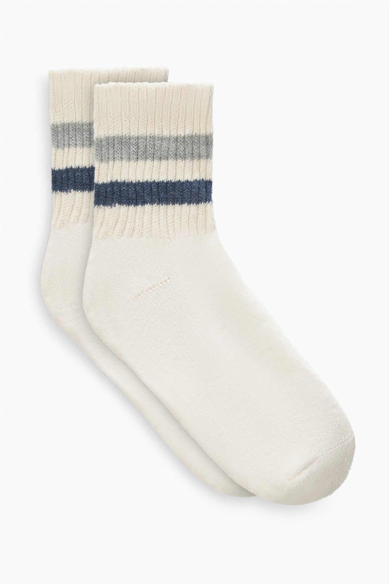 Flat lay front view of the crew style ribbed soft ash navy Mini Stripe Sock