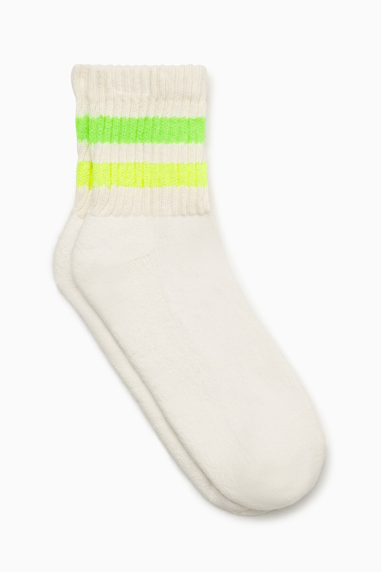 Flat lay front view of the crew style ribbed soft neon green yellow Mini Stripe Sock