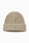 Front flat lay view of the soft and warm oat Knit Beanie that has removable custom JOAH BROWN pin.