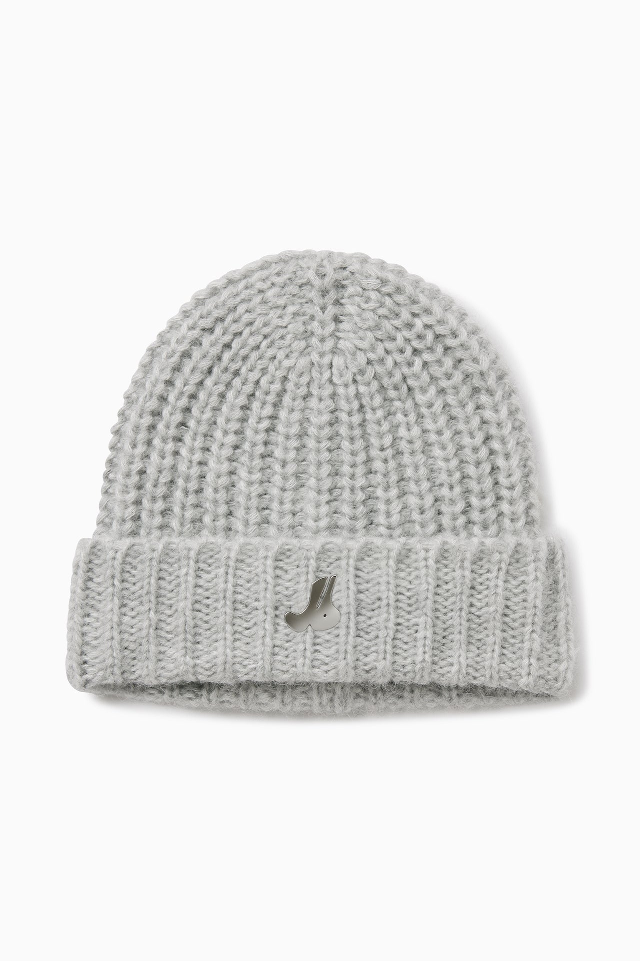 Front flat lay view of the soft and warm sterling Knit Beanie that has removable custom JOAH BROWN pin.