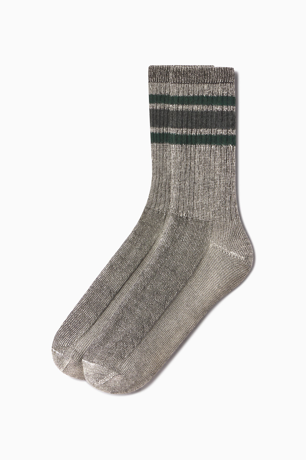 Flat lay side view of the crew-style ribbed and soft heathered charcoal Merino Stripe Sock