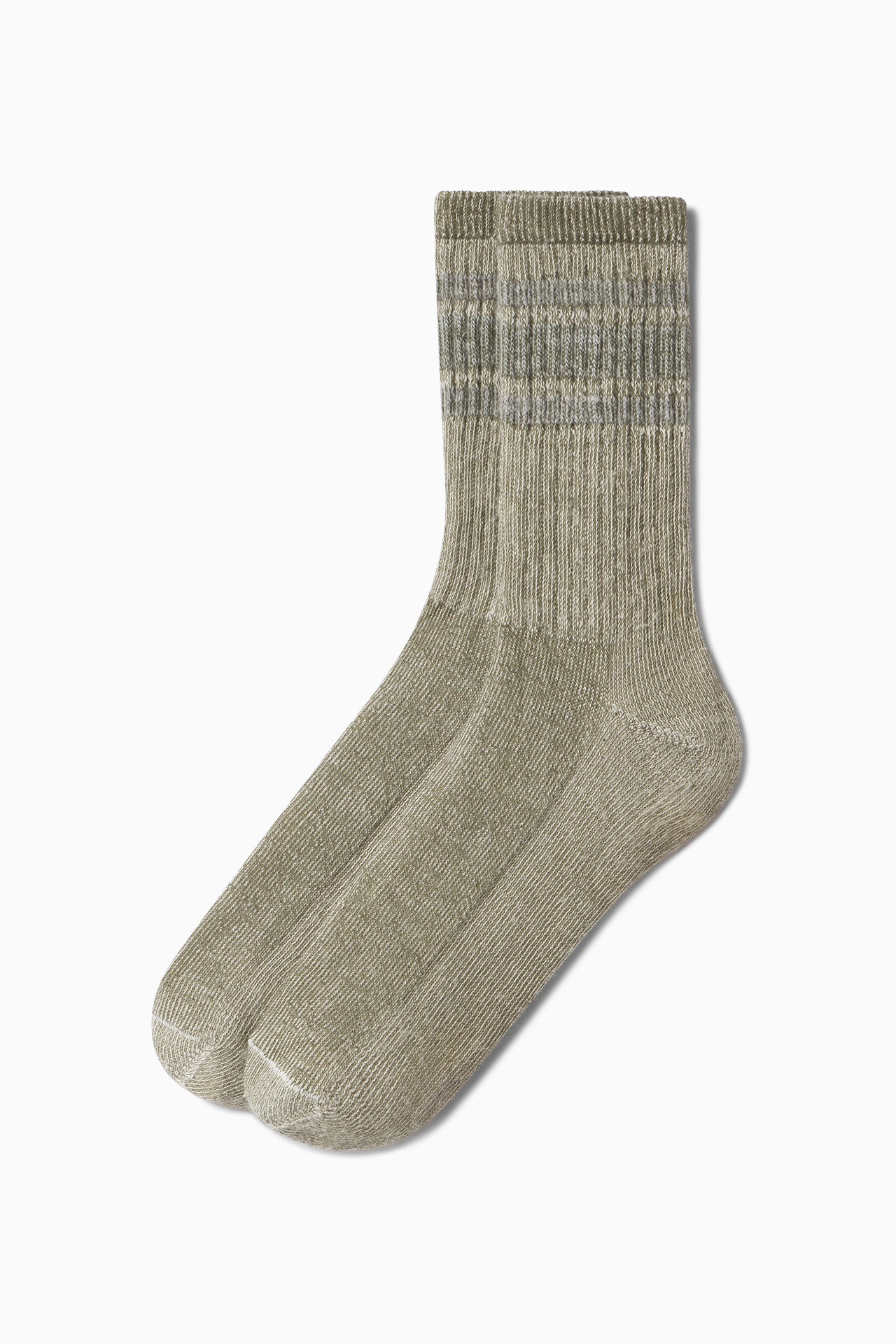 Flat lay side view of the crew-style ribbed and soft heathered olive Merino Stripe Sock