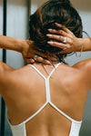 Close up back view of model posing in the full length fog modal Open T-Back Cami