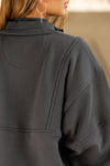 Close up back view of model posing in the oversized comfortable charcoal luxe french terry Retro Half Zip pullover sweatshirt with ribbed panels and accents on the back and sleeves and a high collar