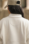 Back view of model posing in the oversized comfortable off white luxe french terry Retro Half Zip pullover sweatshirt with ribbed panels and accents on the back and sleeves and a high collar